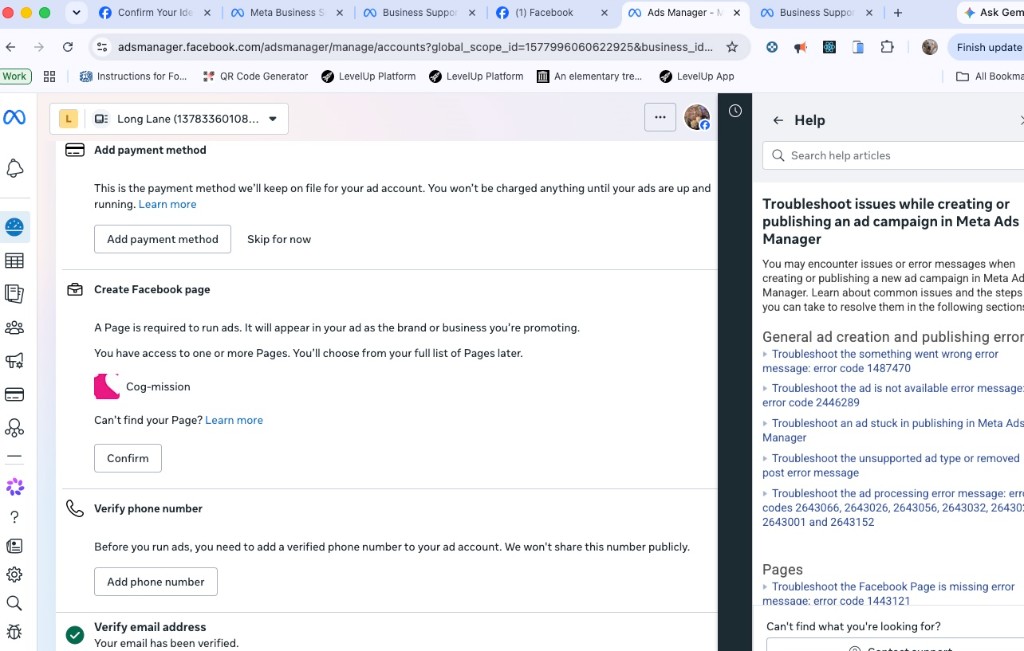 Meta Ads Manager setup screen with a Help sidebar listing troubleshooting articles and a Contact support link at the bottom.