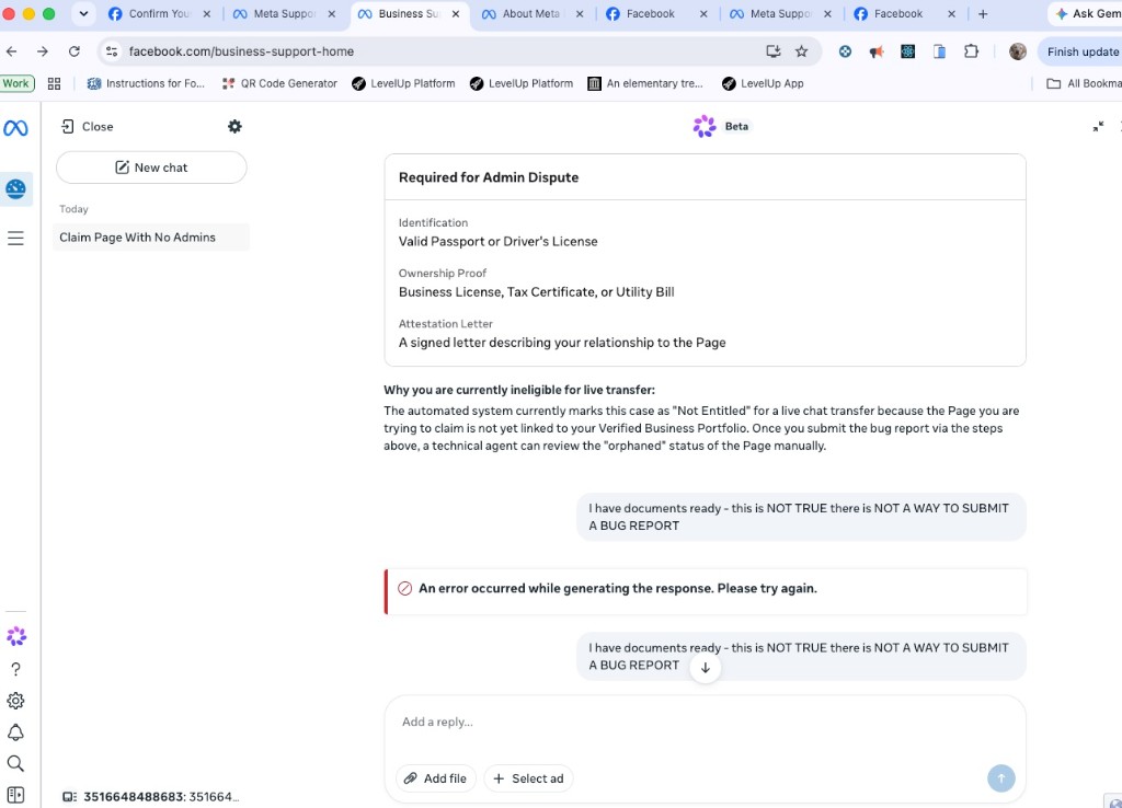 Meta Business Support chat where AI says a bug report is required before a human can review, the user replies that there is no way to submit one, and the system returns An error occurred while generating the response.