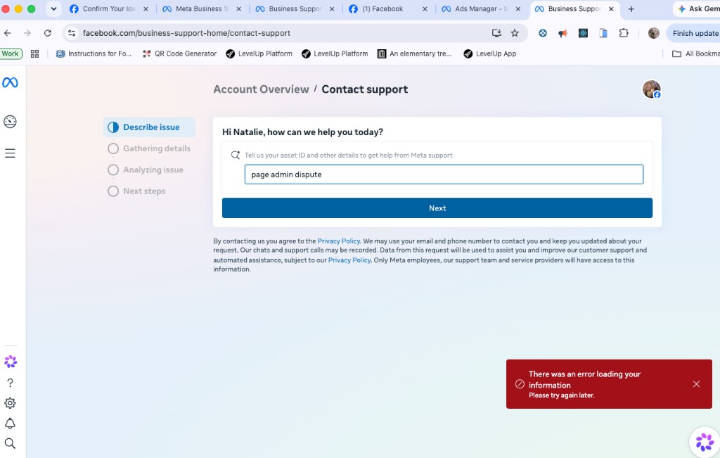 Meta Business Support contact page showing a page admin dispute request and a red error banner: There was an error loading your information. Please try again later.
